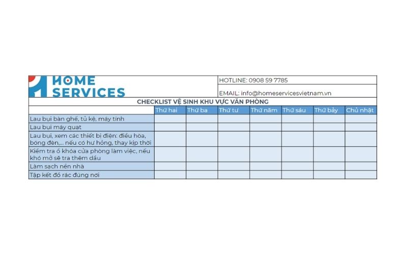 mẫu checklist công việc vệ sinh văn phòng