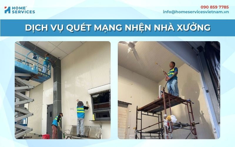 Nhân viên đang thực hiện quét mạng nhện nhà xưởng