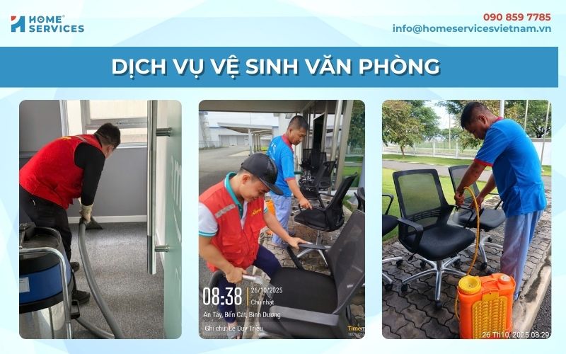 Nhân viên đang vệ sinh văn phòng gồm thảm, ghế