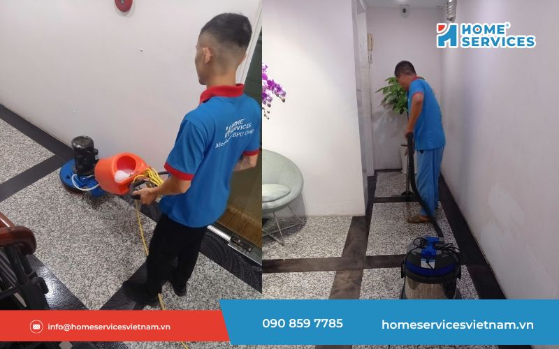 Đội ngũ Home Services đang thực hiện dịch vụ đánh bóng sàn đá