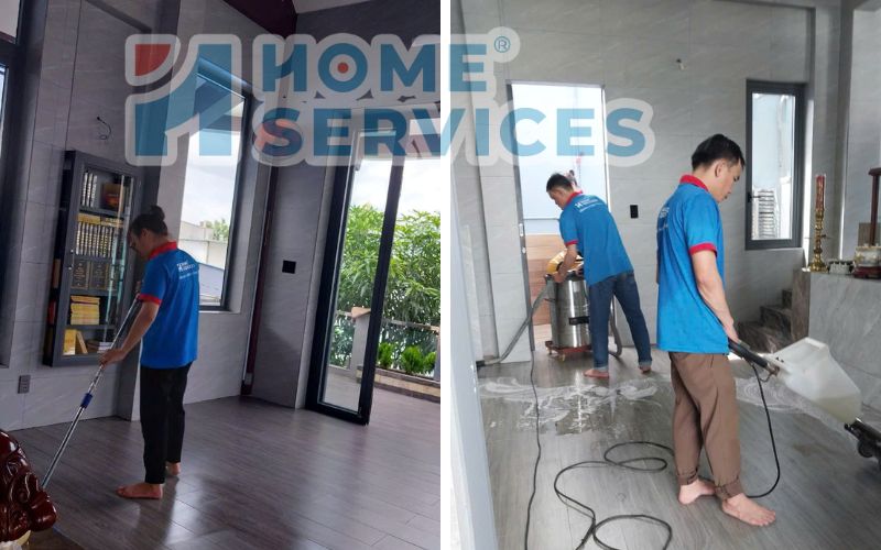 Đội ngũ Home Services Việt Nam đang vệ sinh sàn gỗ