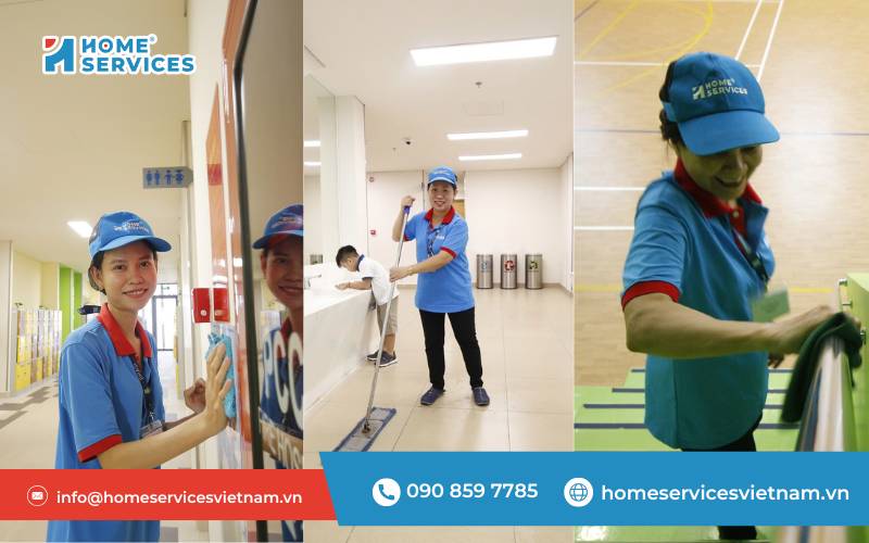 Đội ngũ tạp vụ trường học đang thực hiện vệ sinh