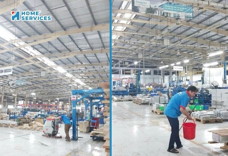 Hình ảnh nhân viên đang vệ sinh nhà xưởng gỗ