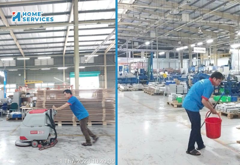 Hình ảnh nhân viên đang vệ sinh nhà xưởng