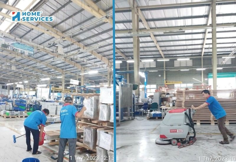Nhân viên Home Services Việt Nam đang vệ sinh nhà xưởng gỗ