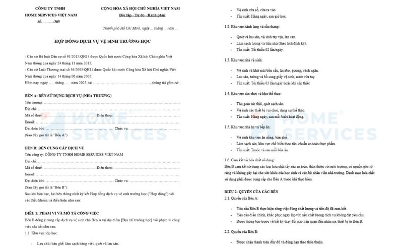 Mẫu hợp đồng vệ sinh trường học 1