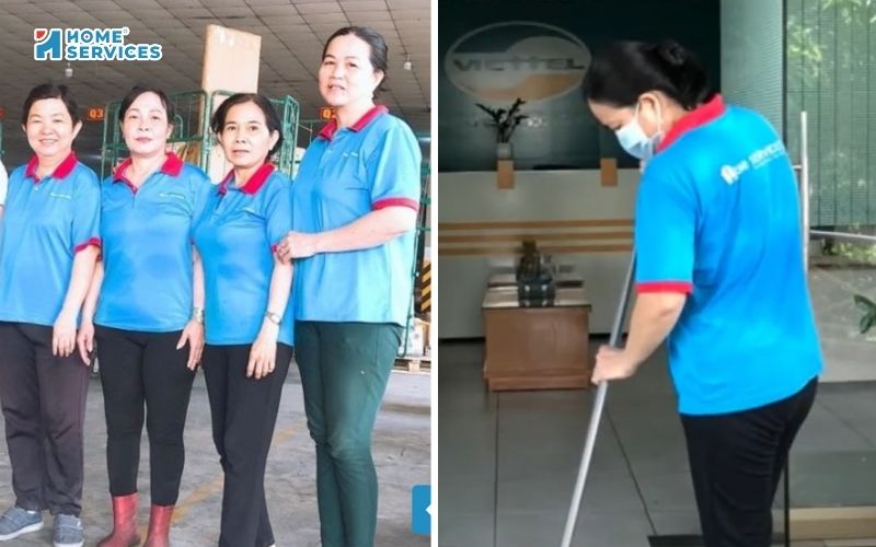 Nhân viên Home Services Việt Nam đang vệ sinh kho vận Viettel Post