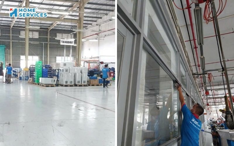Nhân viên Home Services đang vệ sinh sàn và lau kính
