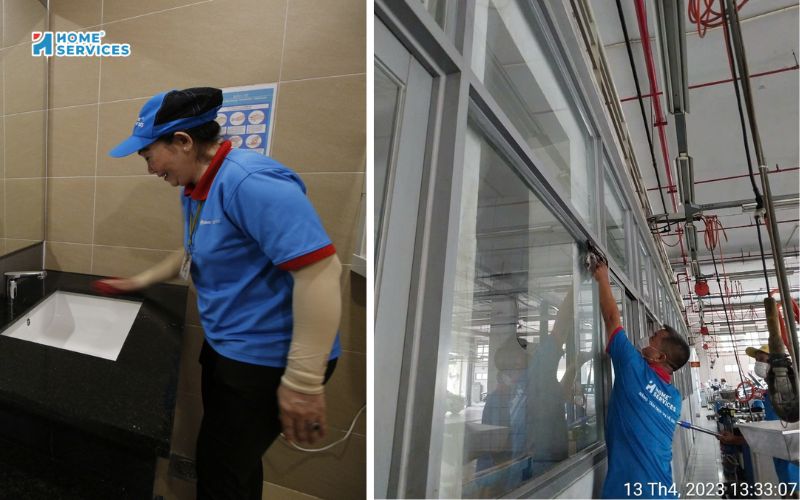 Nhân viên Home Services Việt Nam đang vệ sinh nhà xưởng
