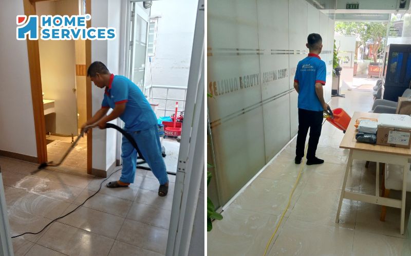 Nhân viên Home Services Việt Nam đang thực hiện dịch vụ đánh bóng sàn gạch