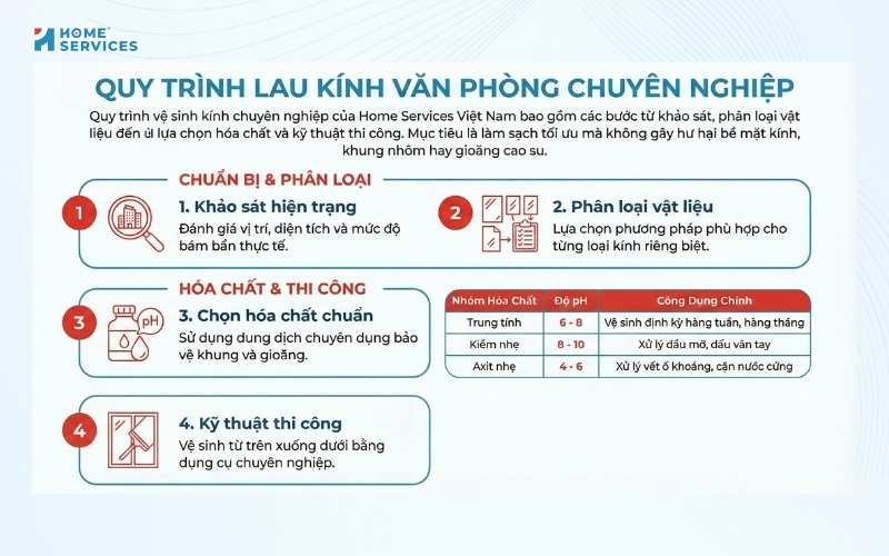Quy trình lau kính tòa nhà, văn phòng chuyên nghiệp